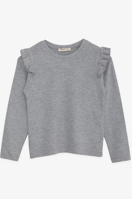 Girl's Long Sleeve T-Shirt Ruffle Shoulder Gray (Age 9)