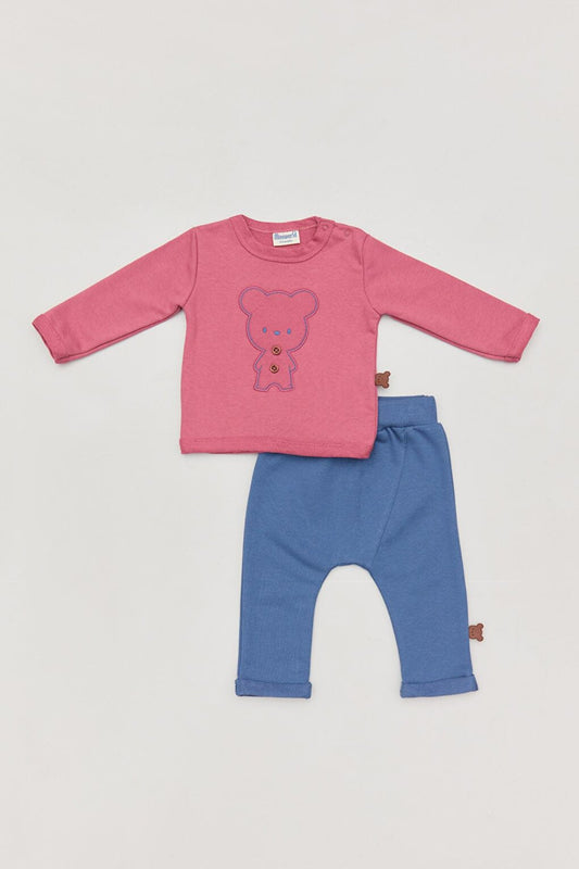 Baby Boy Suit with Teddy Bear Embroidery Button Detail