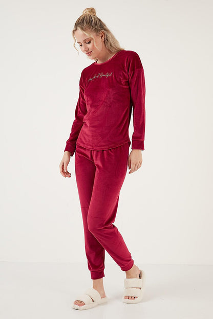 Regular Fit Soft Textured Velvet Pajama Set 6094200