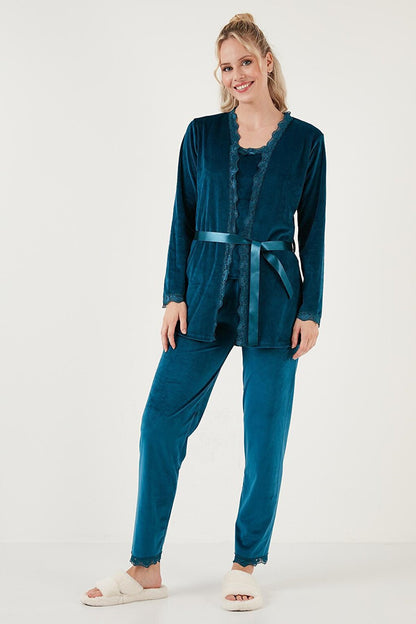 Regular Fit Lace Soft Textured Velvet Pajama Set with Dressing Gown 6095545