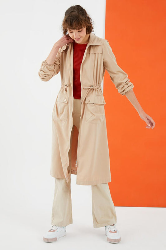 Women's Beige Zipper Trench Coat with Tie Waist