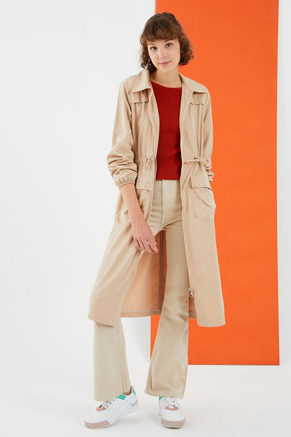 Women's Beige Zipper Trench Coat with Tie Waist