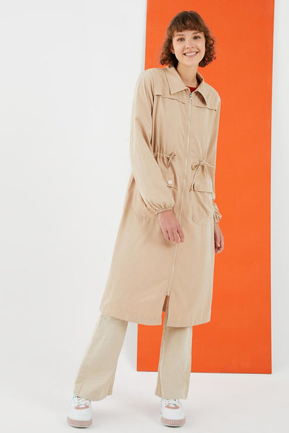 Women's Beige Zipper Trench Coat with Tie Waist