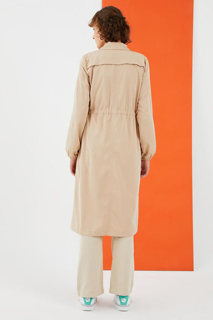 Women's Beige Zipper Trench Coat with Tie Waist