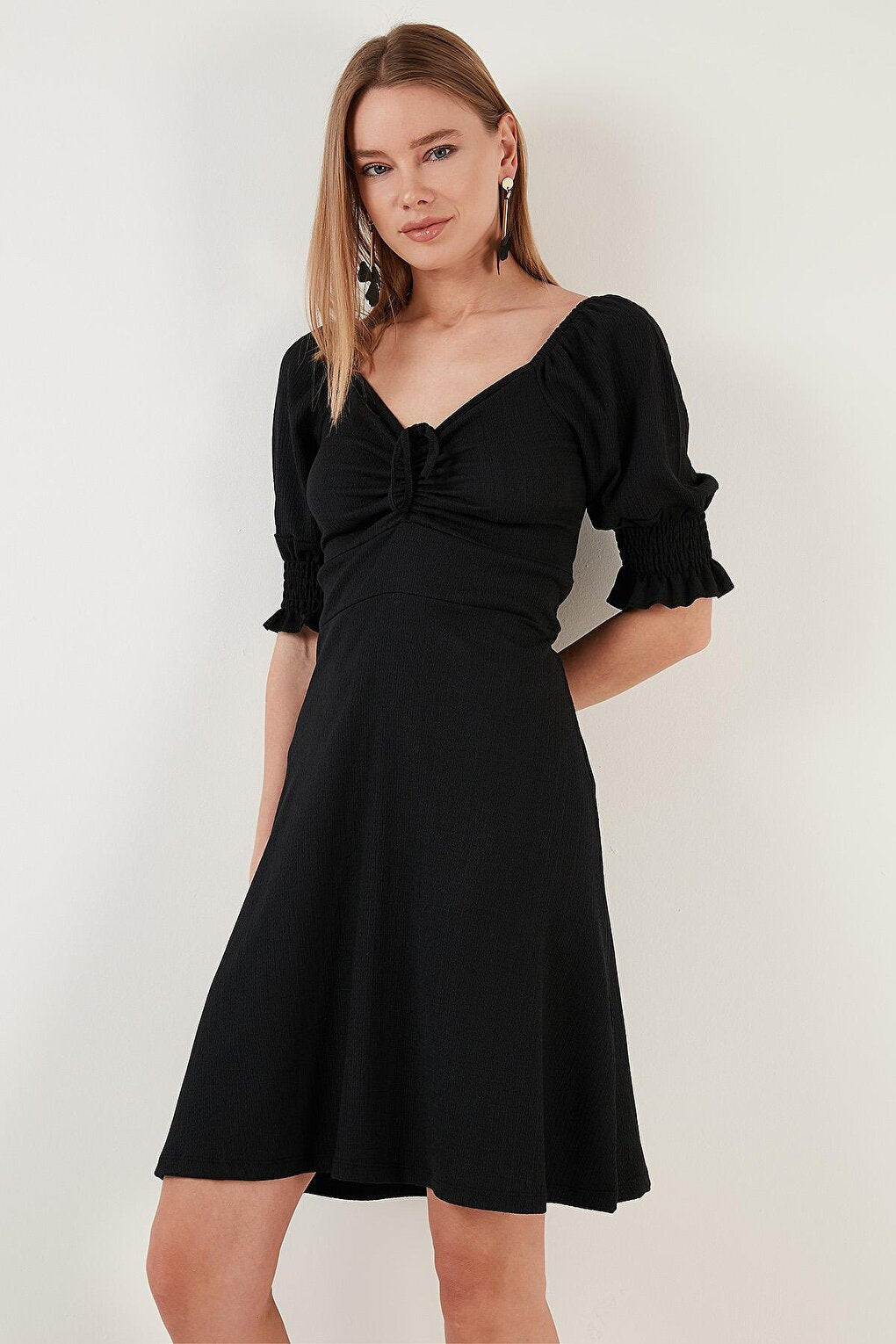 Crinkle Gathered V-Neck Sleeves Gipe Dress 5865034