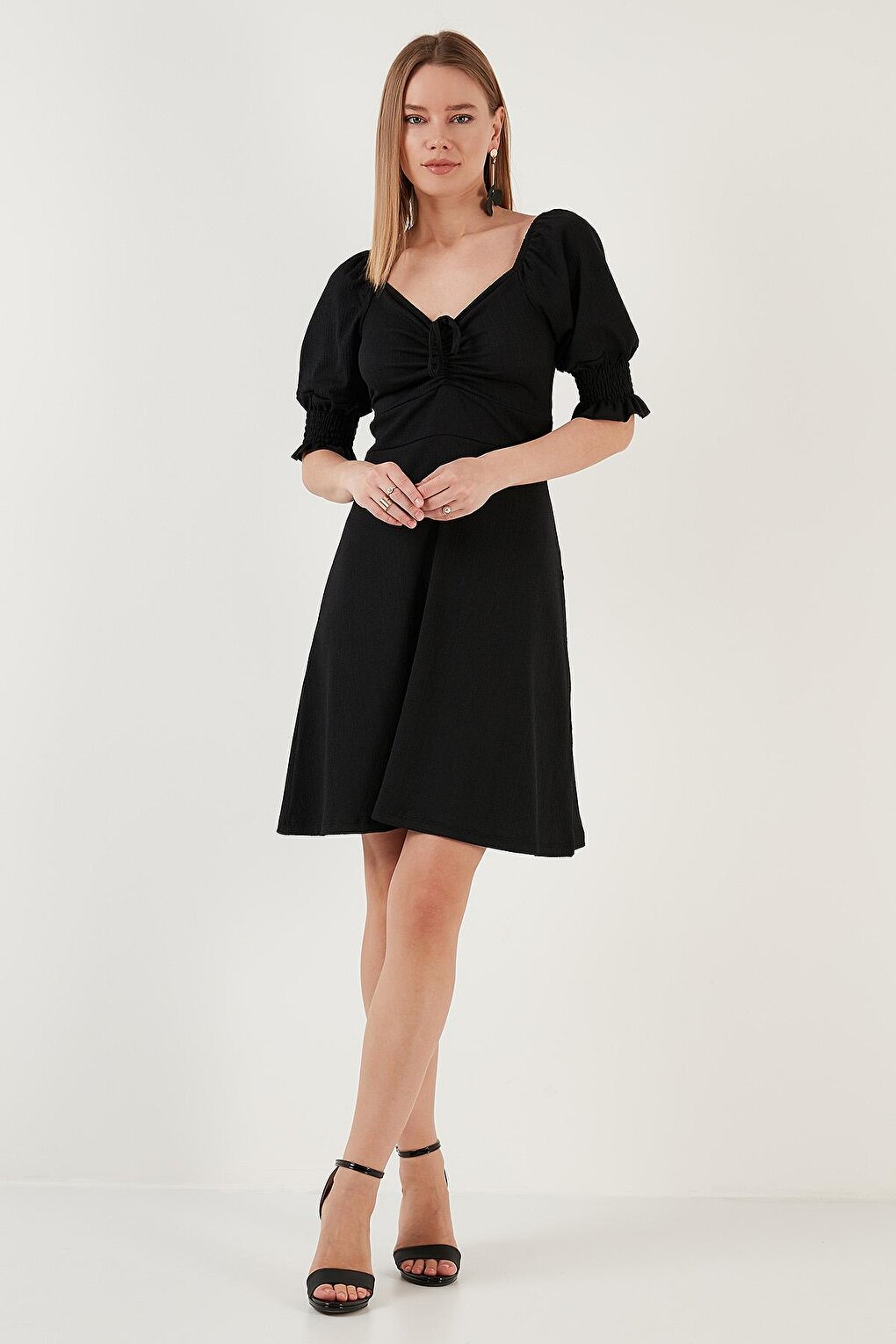 Crinkle Gathered V-Neck Sleeves Gipe Dress 5865034