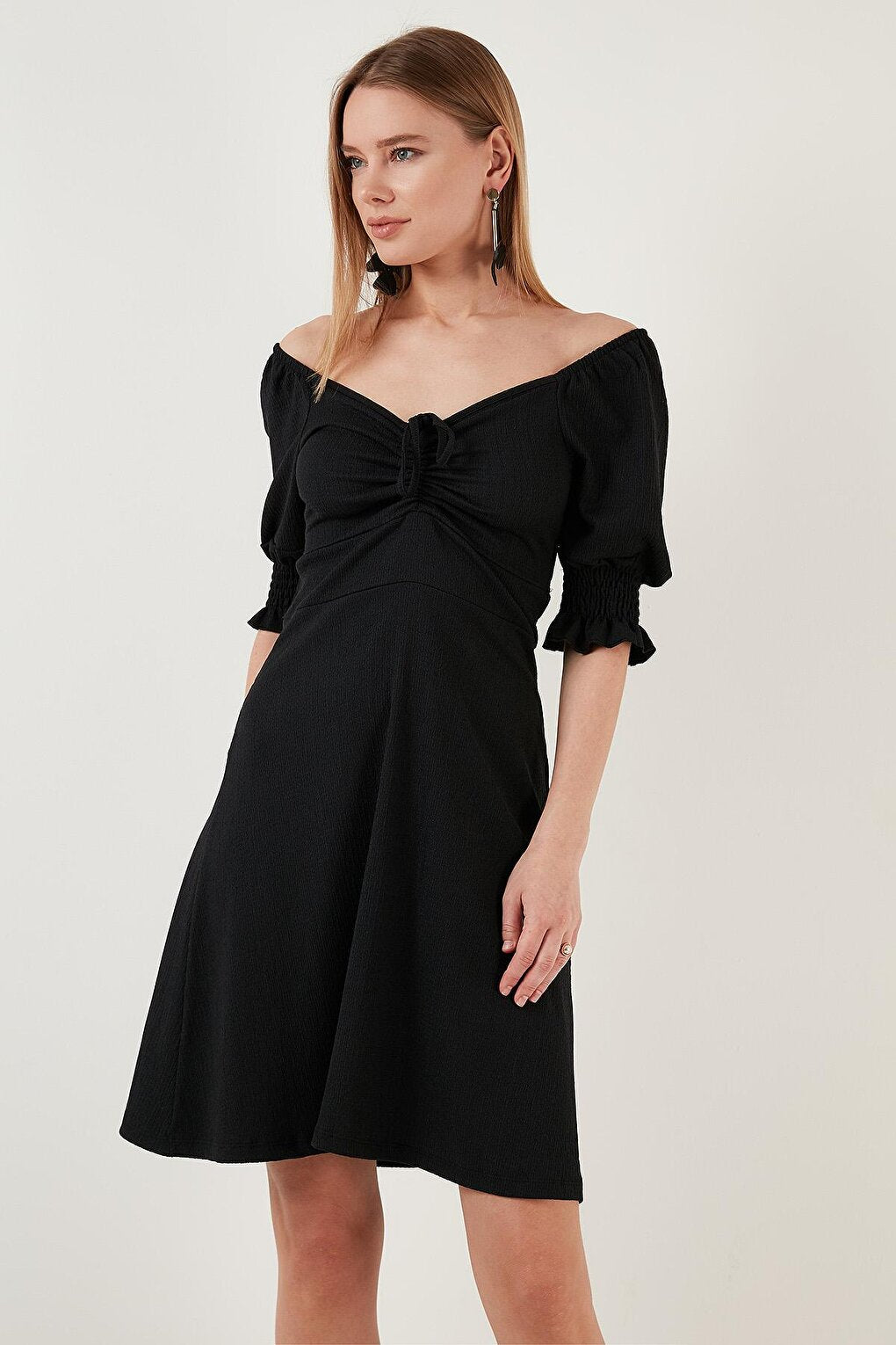 Crinkle Gathered V-Neck Sleeves Gipe Dress 5865034