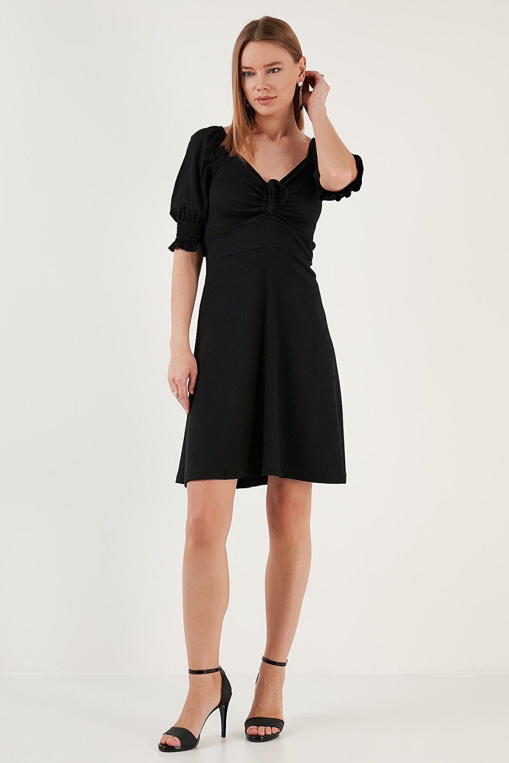 Crinkle Gathered V-Neck Sleeves Gipe Dress 5865034