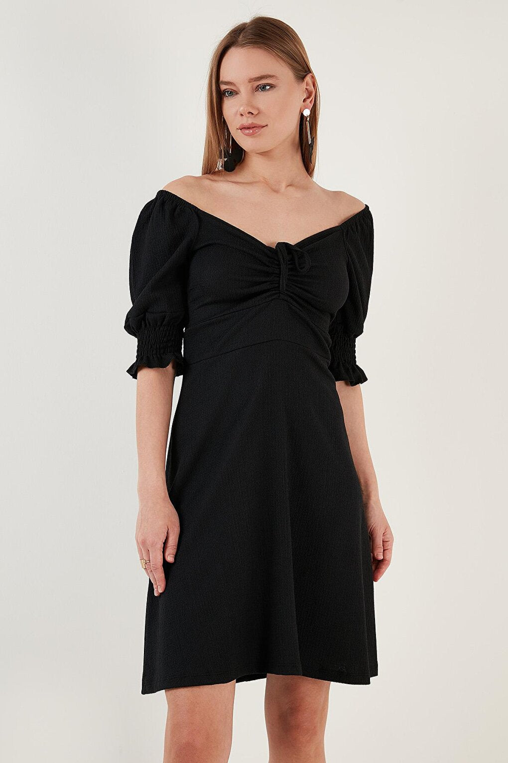 Crinkle Gathered V-Neck Sleeves Gipe Dress 5865034