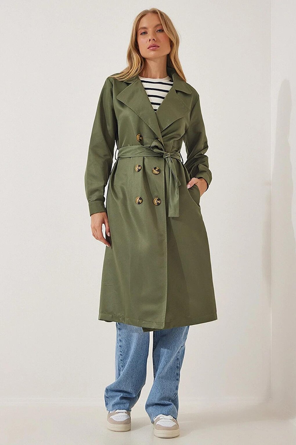 Women's Çağla Double Breasted Collar Belted Unlined Seasonal Comfortable Trench Coat HZL22S-BD158531