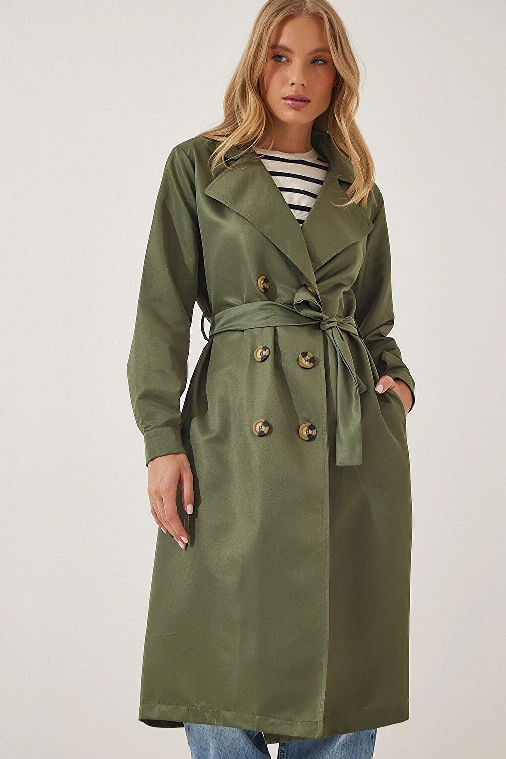 Women's Çağla Double Breasted Collar Belted Unlined Seasonal Comfortable Trench Coat HZL22S-BD158531