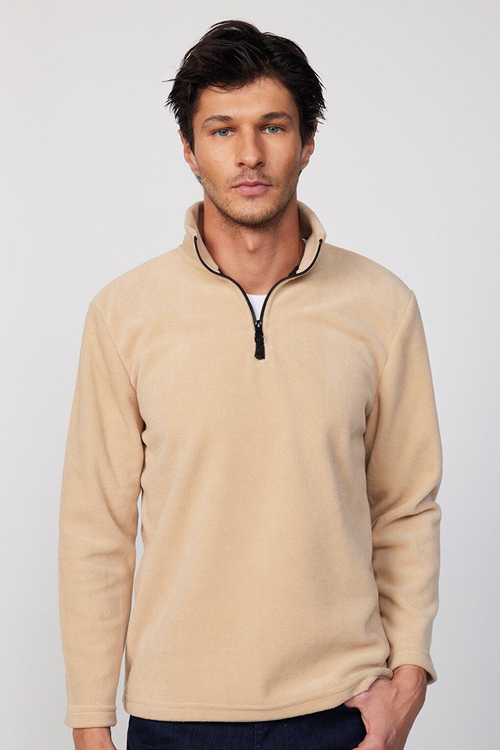 Men's Stand-Up Collar Non-Pilling Cold-Proof Standard Fit Comfortable Cut Beige Fleece Sweatshirt