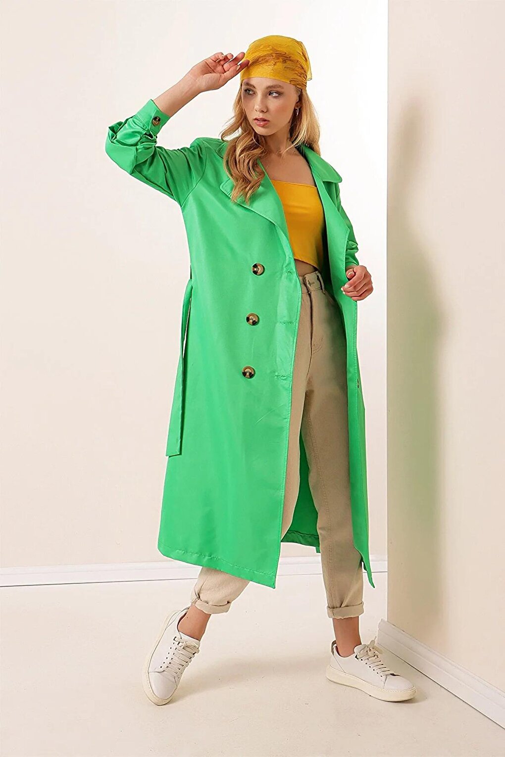 Women's Green Double Breasted Collar Belted Unlined Seasonal Casual Trench Coat HZL22S-BD158531