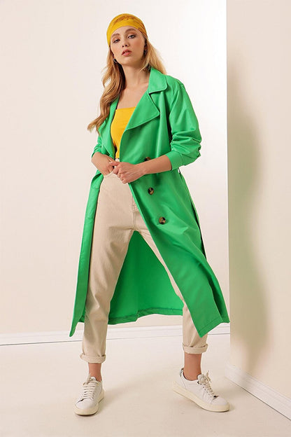 Women's Green Double Breasted Collar Belted Unlined Seasonal Casual Trench Coat HZL22S-BD158531