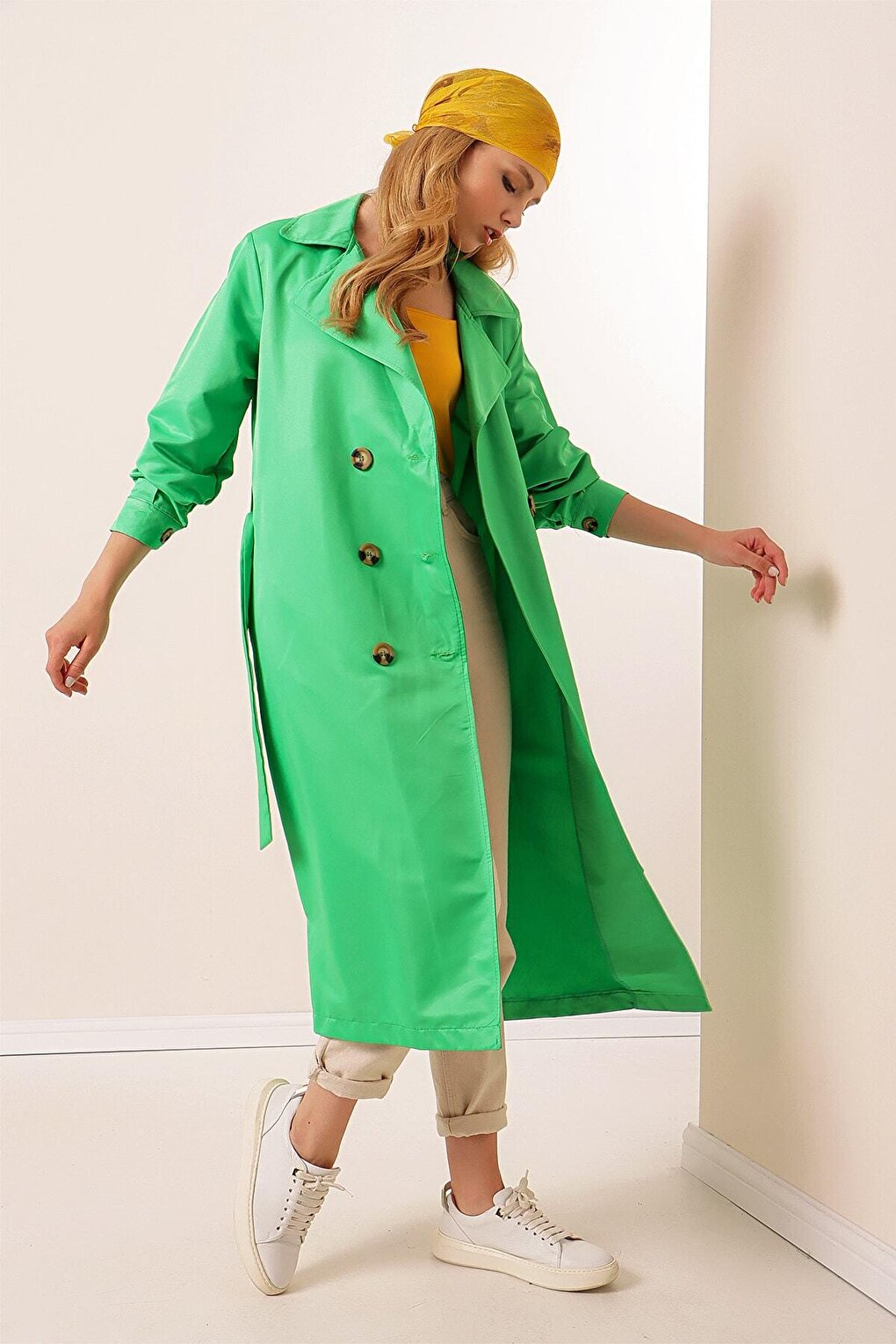 Women's Green Double Breasted Collar Belted Unlined Seasonal Casual Trench Coat HZL22S-BD158531