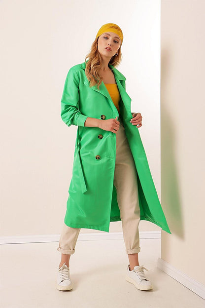 Women's Green Double Breasted Collar Belted Unlined Seasonal Casual Trench Coat HZL22S-BD158531