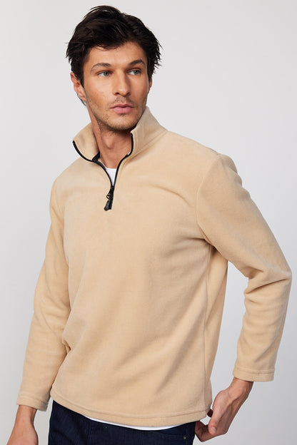 Men's Stand-Up Collar Non-Pilling Cold-Proof Standard Fit Comfortable Cut Beige Fleece Sweatshirt