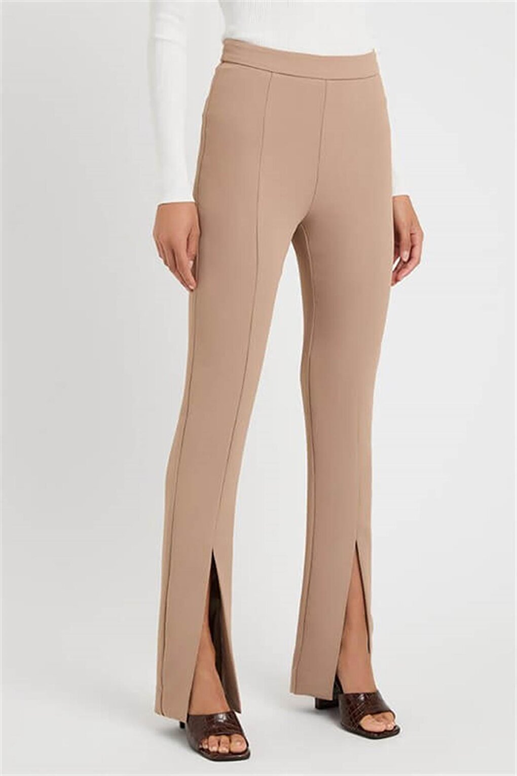 Beige High Waist Slit Women's Trousers MG1651