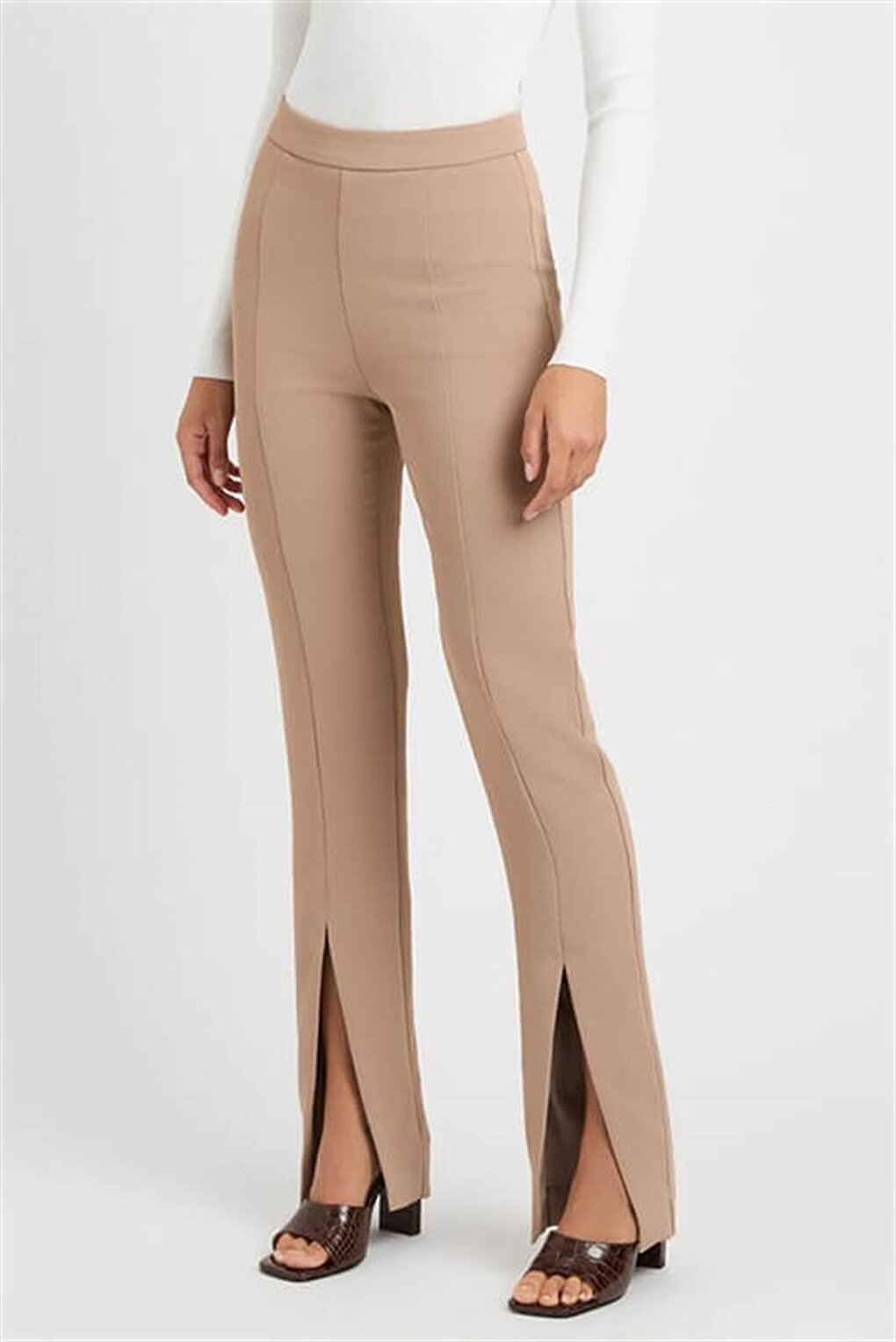 Beige High Waist Slit Women's Trousers MG1651