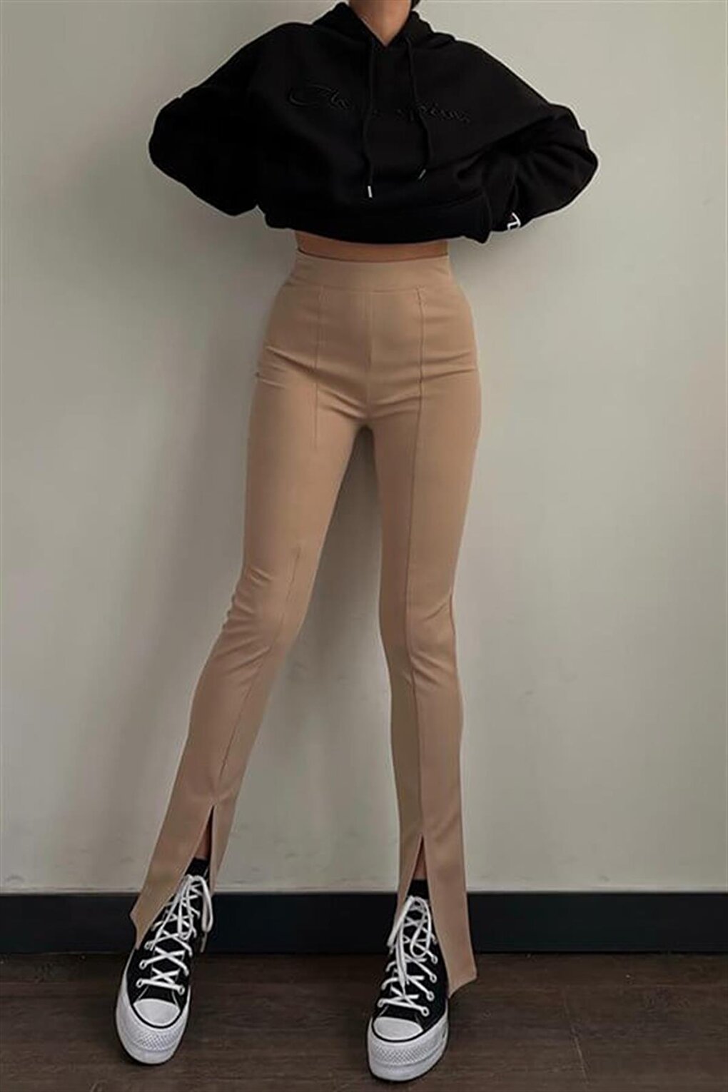 Beige High Waist Slit Women's Trousers MG1651