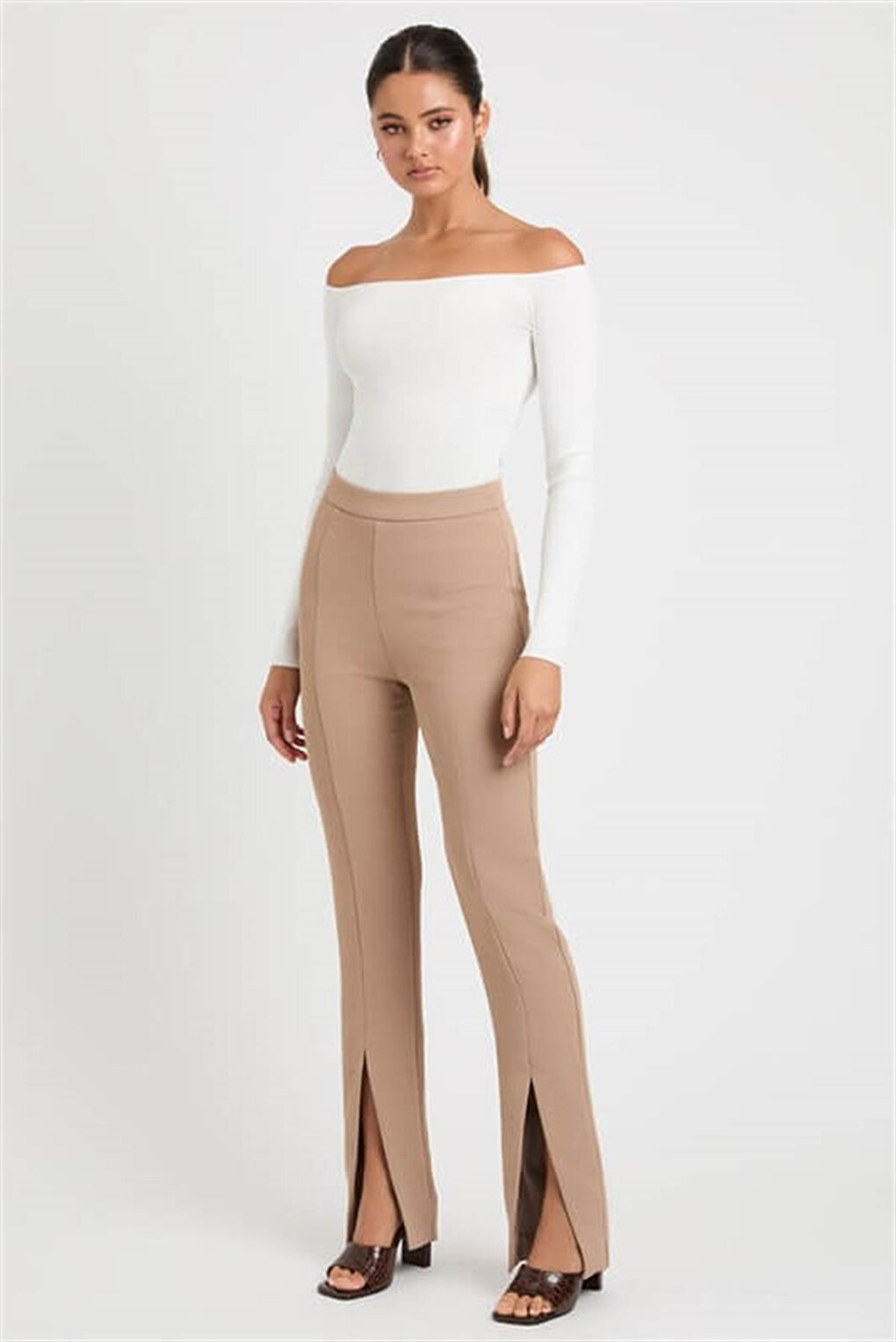 Beige High Waist Slit Women's Trousers MG1651