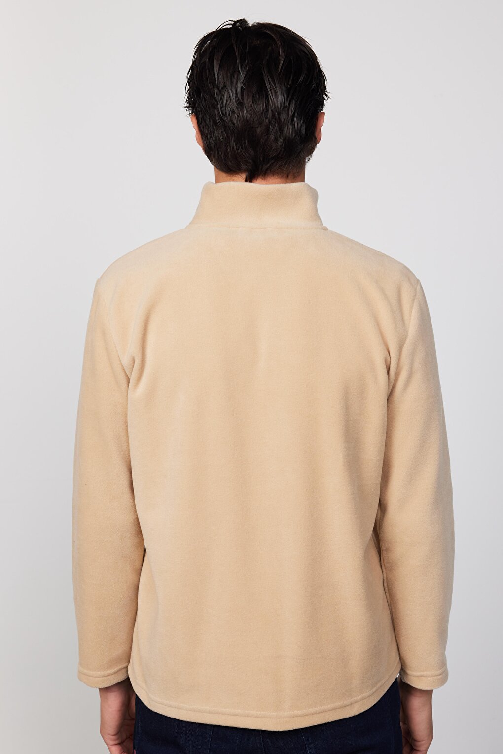 Men's Stand-Up Collar Non-Pilling Cold-Proof Standard Fit Comfortable Cut Beige Fleece Sweatshirt