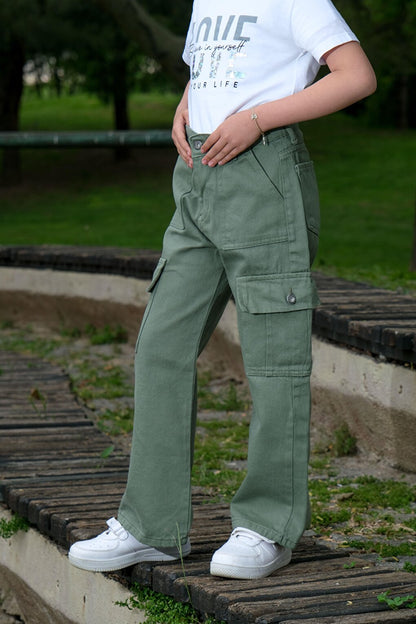 Girl's Flare Leg Linen Cargo Pants