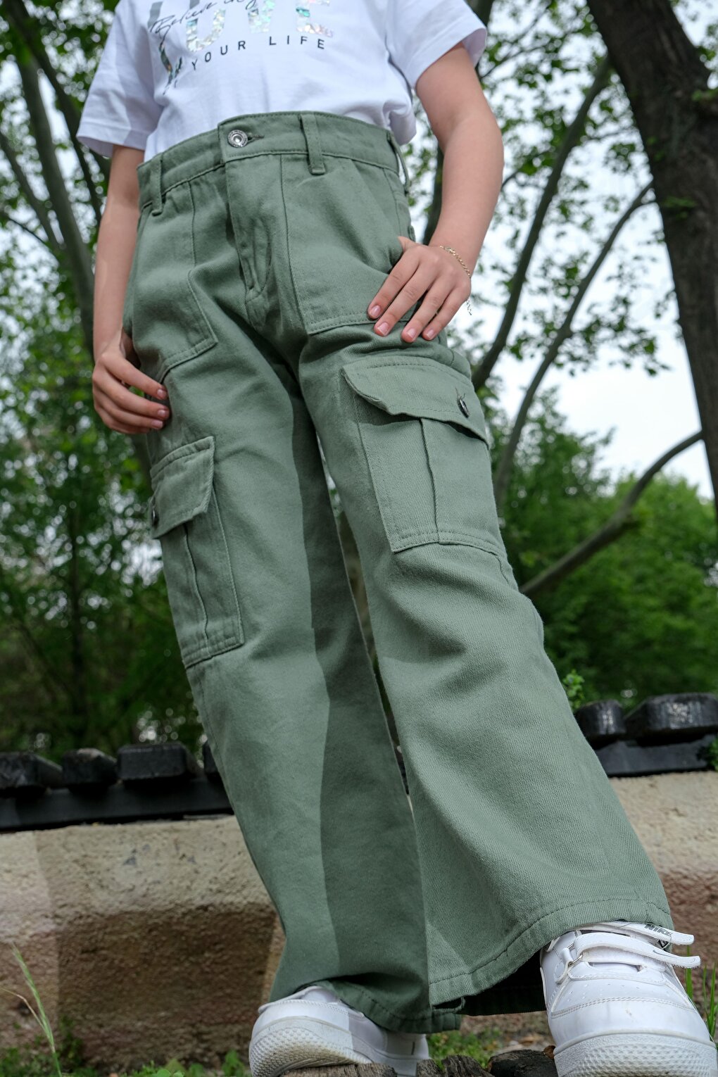 Girl's Flare Leg Linen Cargo Pants