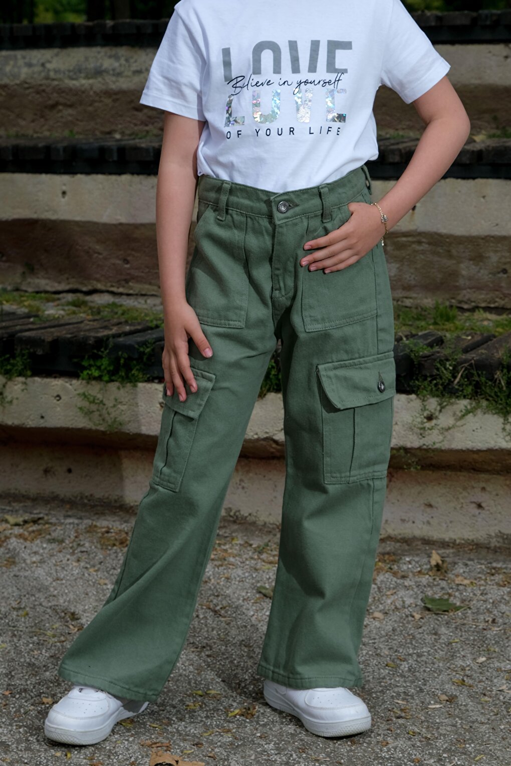 Girl's Flare Leg Linen Cargo Pants