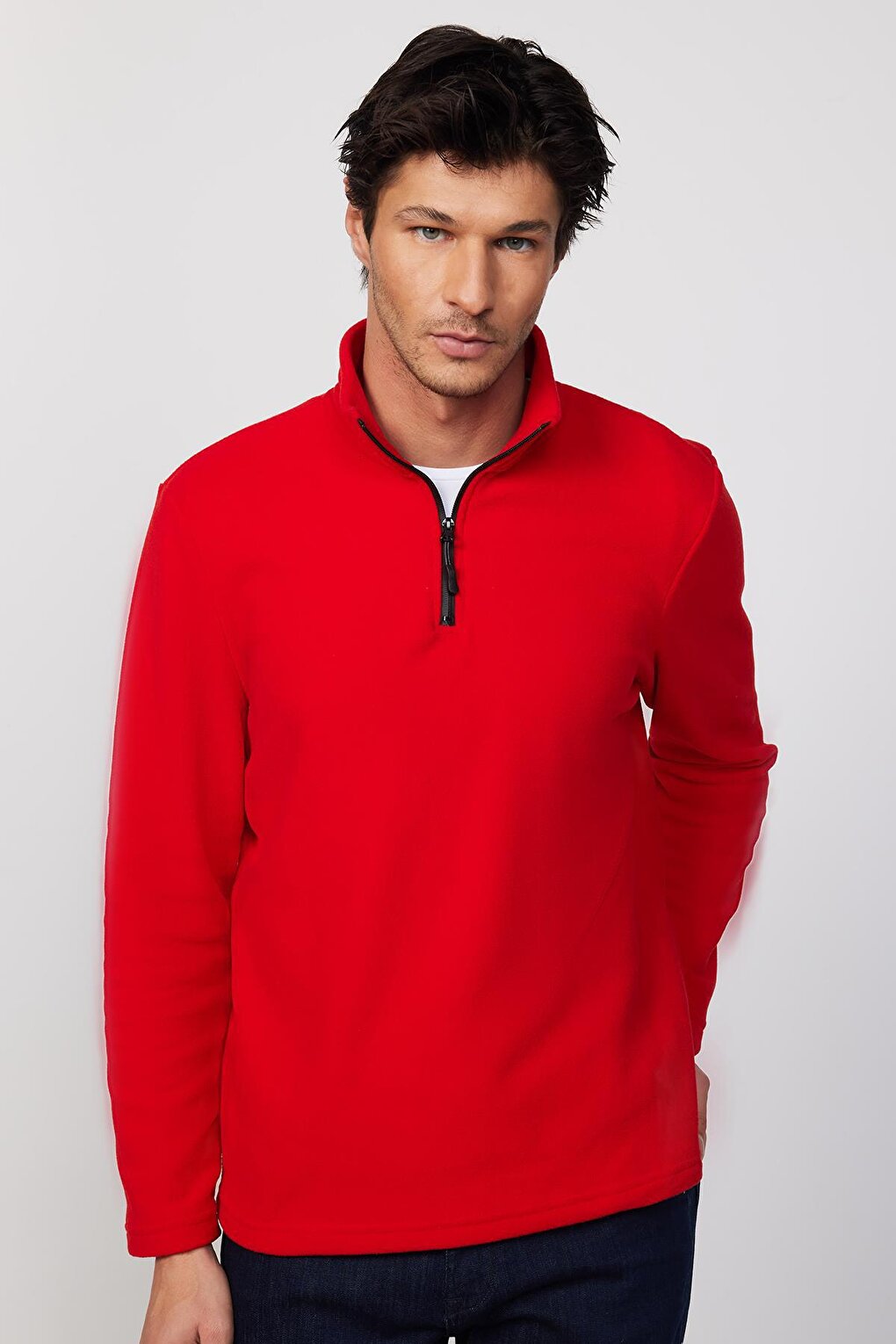 Men's Stand-Up Collar Non-Pilling Cold-Proof Standard Fit Comfortable Cut Red Fleece Sweatshirt