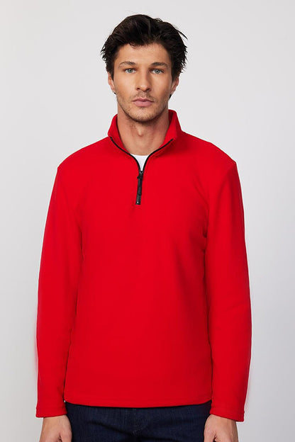 Men's Stand-Up Collar Non-Pilling Cold-Proof Standard Fit Comfortable Cut Red Fleece Sweatshirt