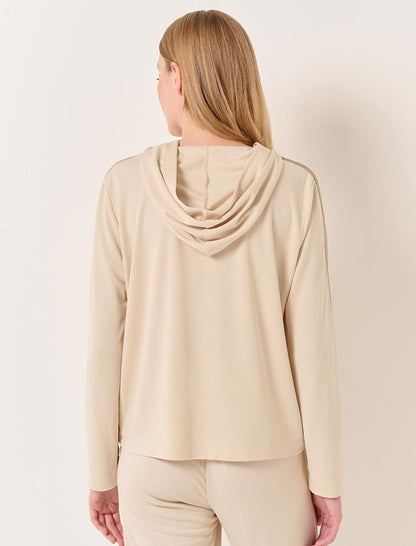 Beige Hooded Comfortable Sweatshirt with Stripe Detail