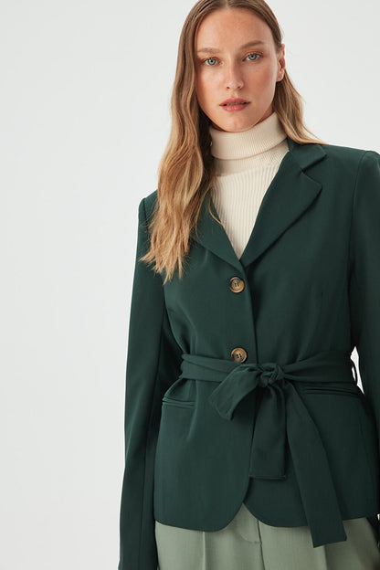 Women's Petrol Green Belt Detailed Slim Blazer Jacket