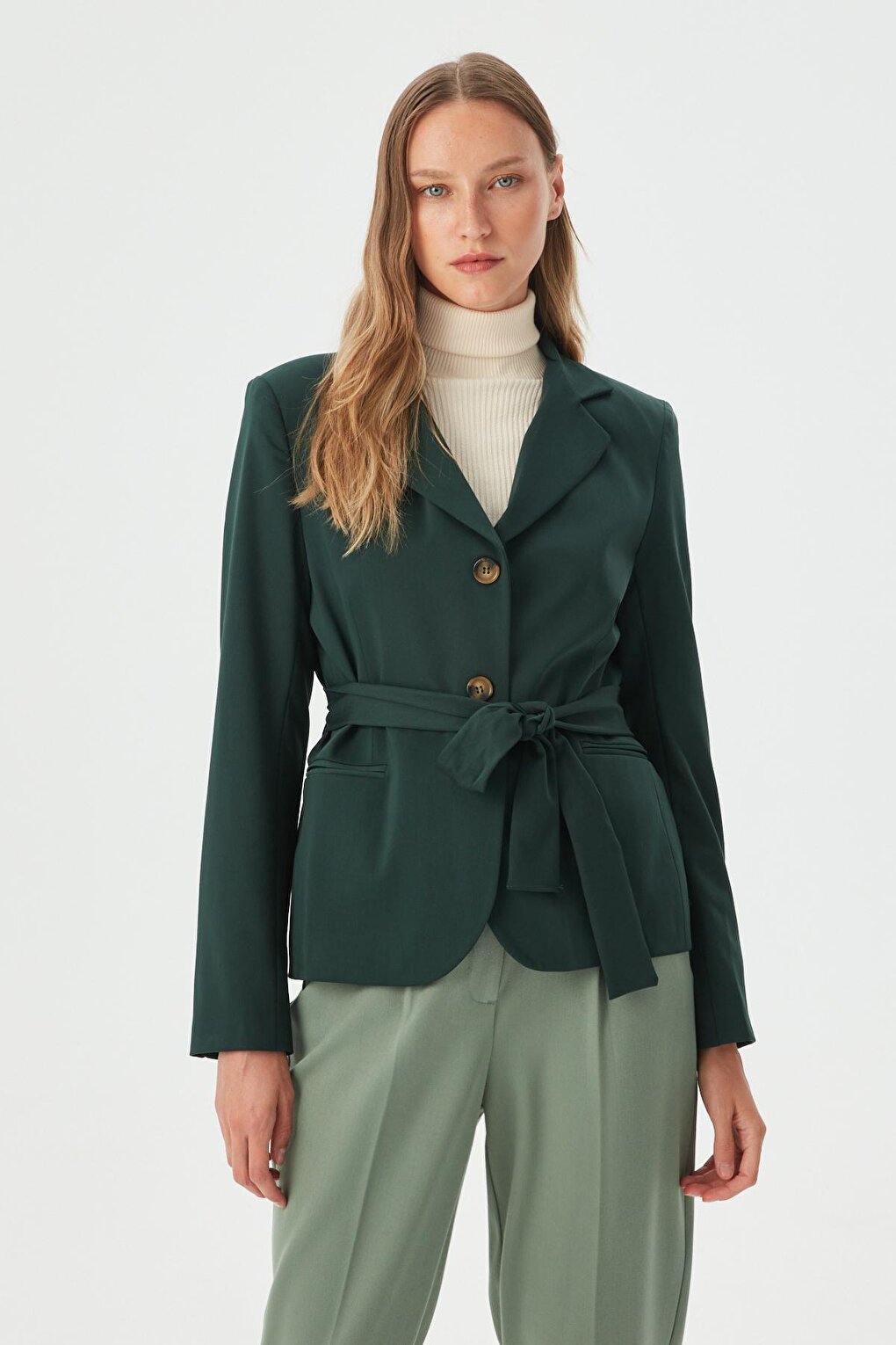 Women's Petrol Green Belt Detailed Slim Blazer Jacket