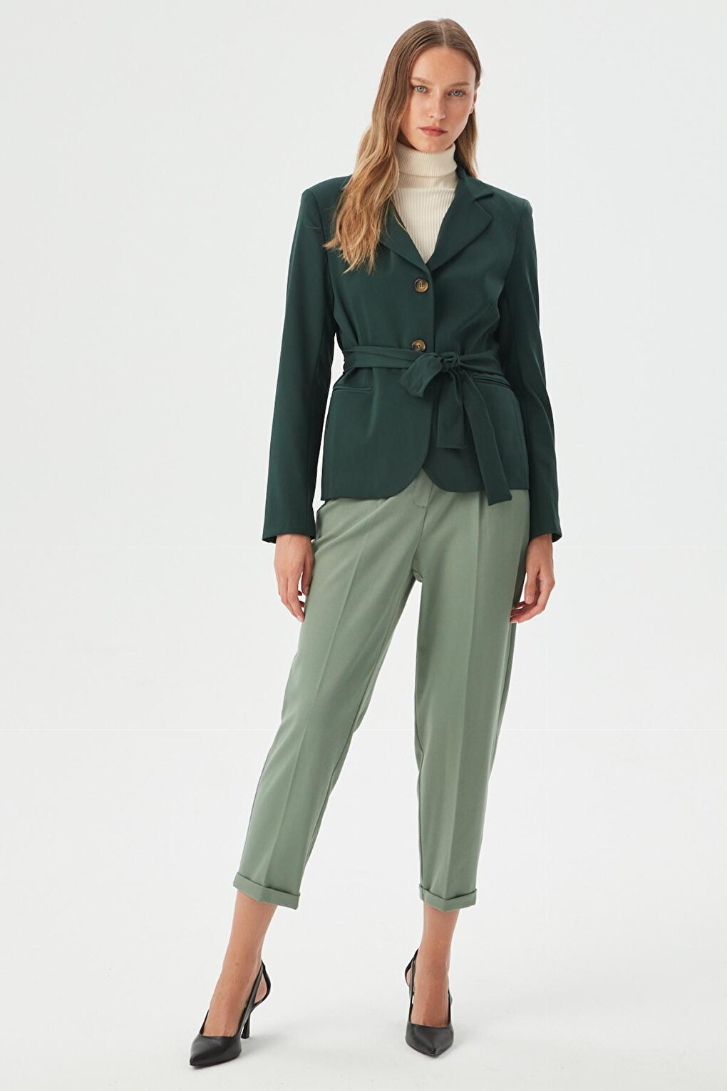 Women's Petrol Green Belt Detailed Slim Blazer Jacket