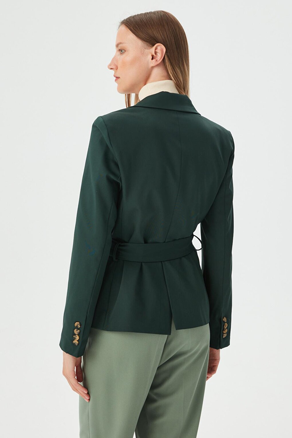 Women's Petrol Green Belt Detailed Slim Blazer Jacket