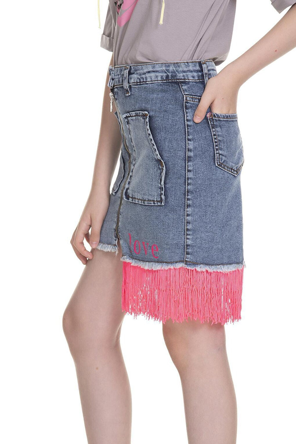 Girl's Pink Tasseled Jean Skirt 3-13 Years