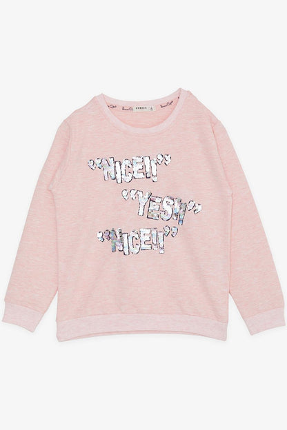 Girl's Sweatshirt Sequined Text Printed Salmon Melange (Ages 8-14)