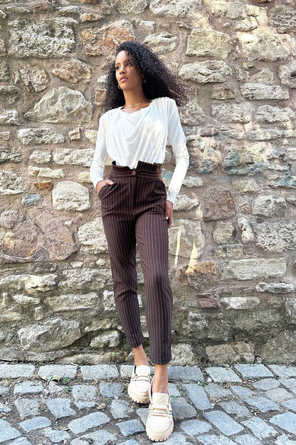 Gathered High Waist Striped Woven Trousers