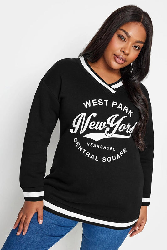 Plus Size V-Neck Long Sleeve Stripe Detailed Printed Sweatshirt