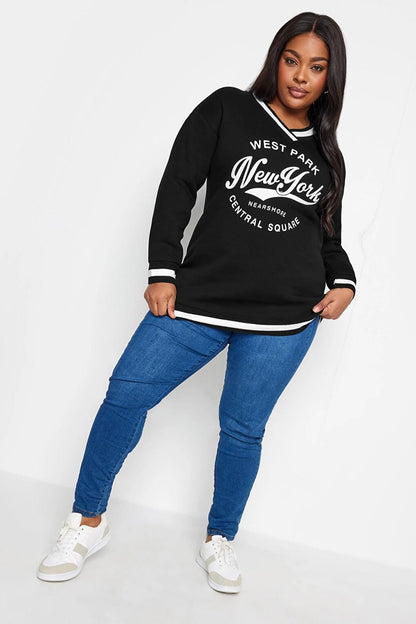 Plus Size V-Neck Long Sleeve Stripe Detailed Printed Sweatshirt