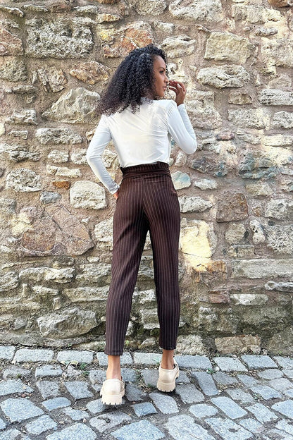 Gathered High Waist Striped Woven Trousers