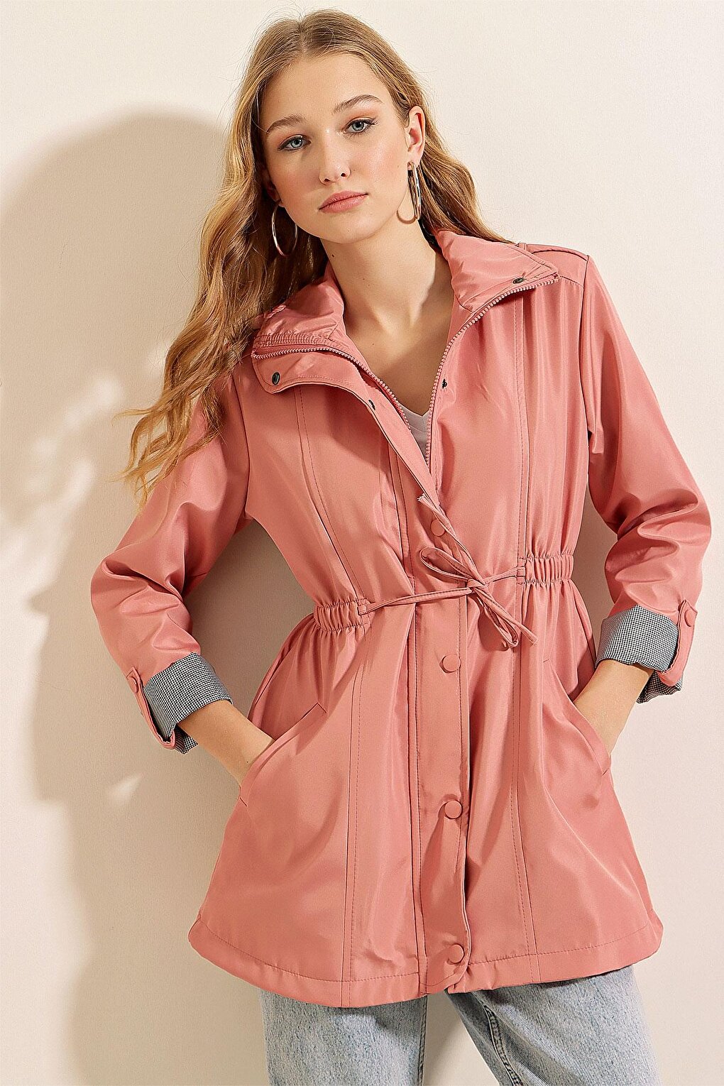 Women's Powder Pink Zippered Waist Drawstring Sleeve Cuffed Trench Coat