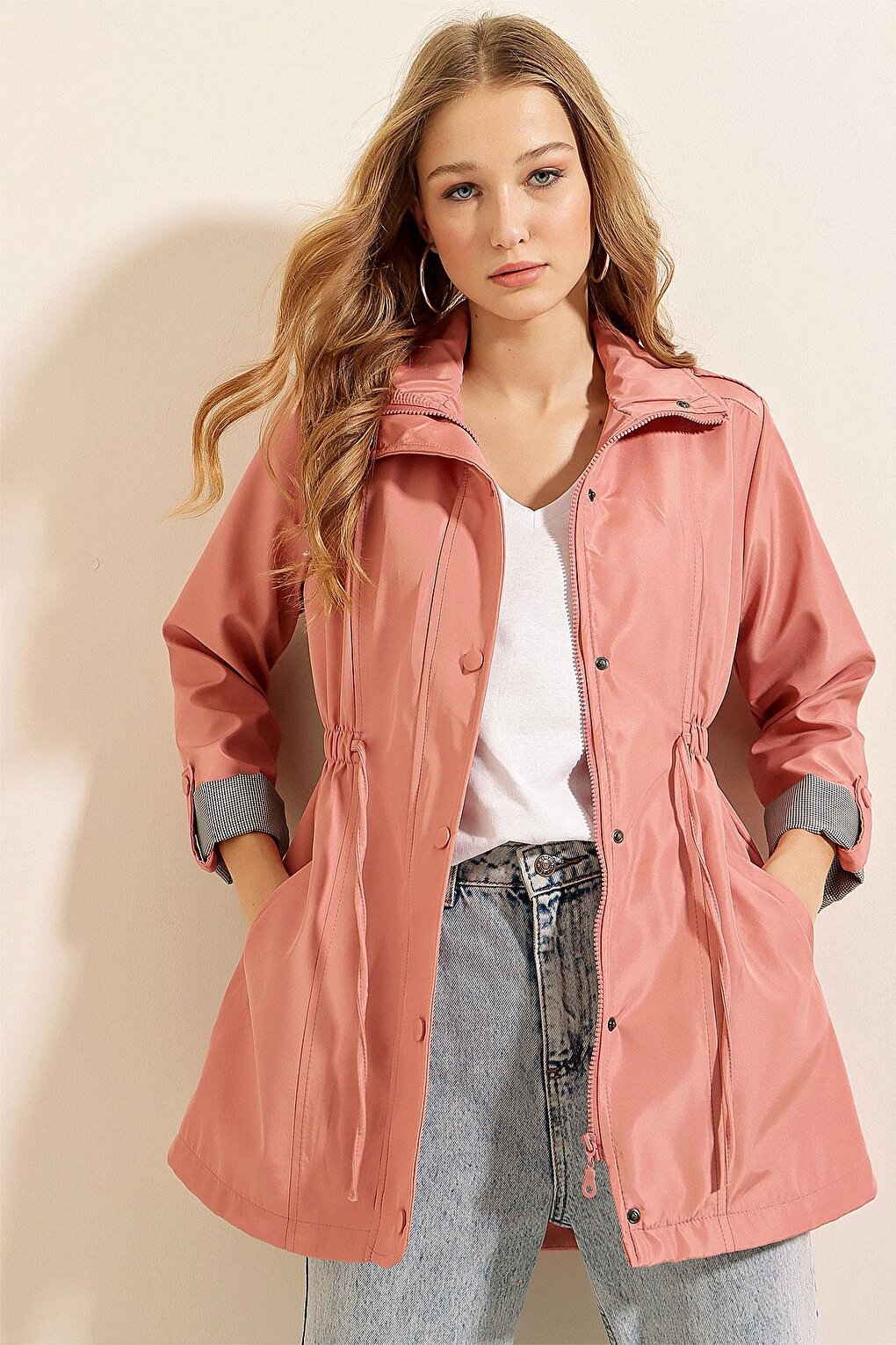 Women's Powder Pink Zippered Waist Drawstring Sleeve Cuffed Trench Coat