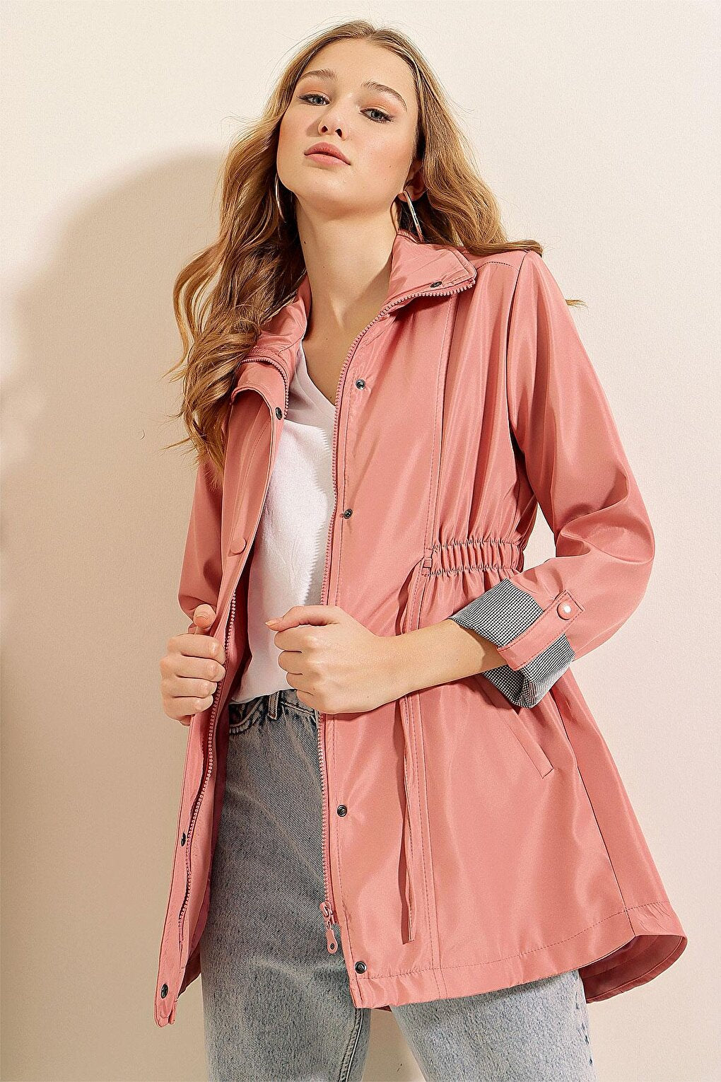 Women's Powder Pink Zippered Waist Drawstring Sleeve Cuffed Trench Coat