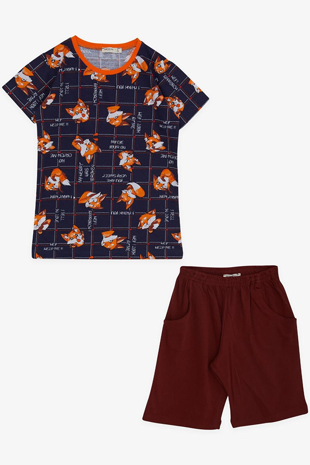 Boy's Pajama Set with Shorts, Cute Fox Pattern, Navy Blue (Age 4-8)