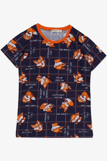 Boy's Pajama Set with Shorts, Cute Fox Pattern, Navy Blue (Age 4-8)