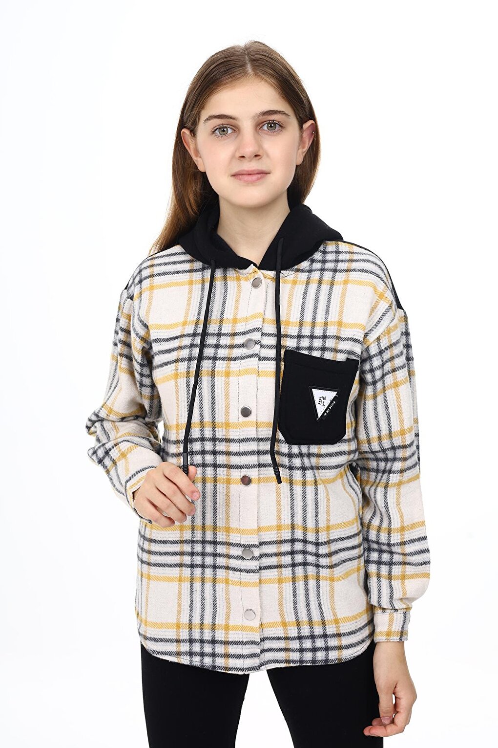 Girl's Garnished Hooded Plaid Shirt 9-14 Years Lx265