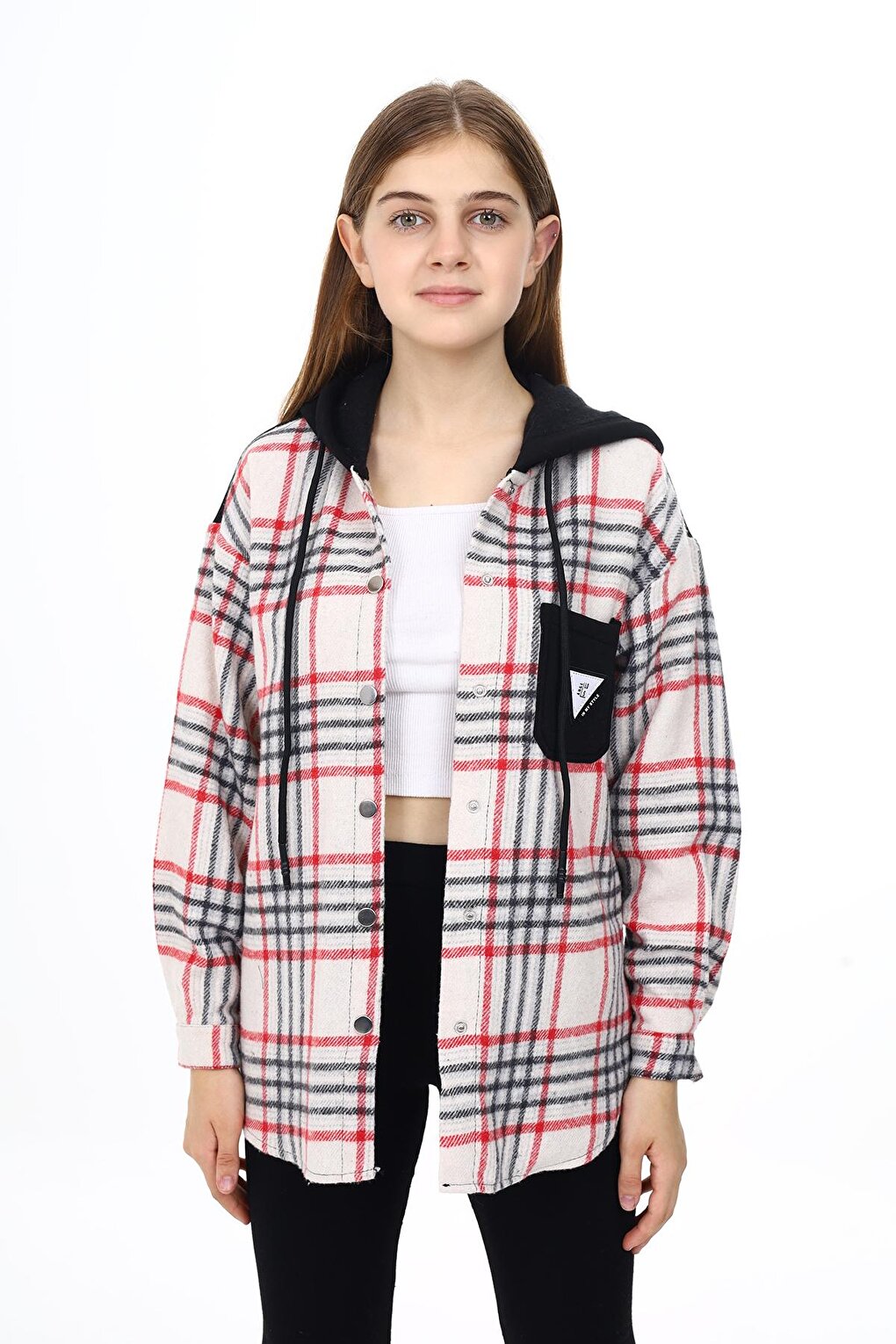 Girl's Garnished Hooded Plaid Shirt 9-14 Years Lx265