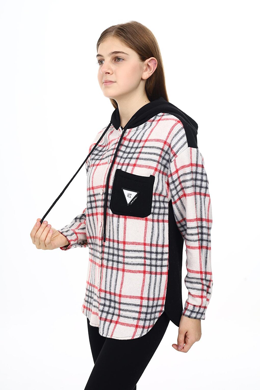 Girl's Garnished Hooded Plaid Shirt 9-14 Years Lx265